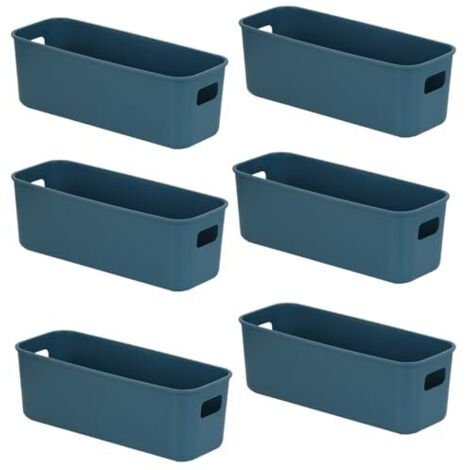 6 Boite Rangement Plastique,28cm Latéral étroit Boite de Rangement,Paniers et Boîtes de Rangement avec Poignées,Bac de Rangement Pour Cuisine,Salle de Bains,Bureau 28×10×11cm (Bleu)