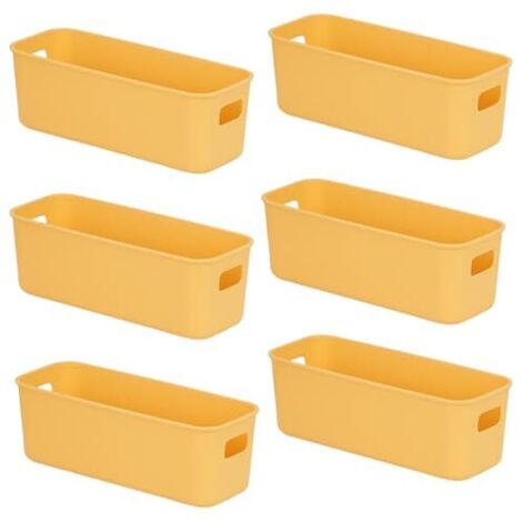 6 Boite Rangement Plastique,28cm Latéral étroit Boite de Rangement,Paniers et Boîtes de Rangement avec Poignées,Bac de Rangement Pour Cuisine,Salle de Bains,Bureau 28×10×11cm (Jaune)