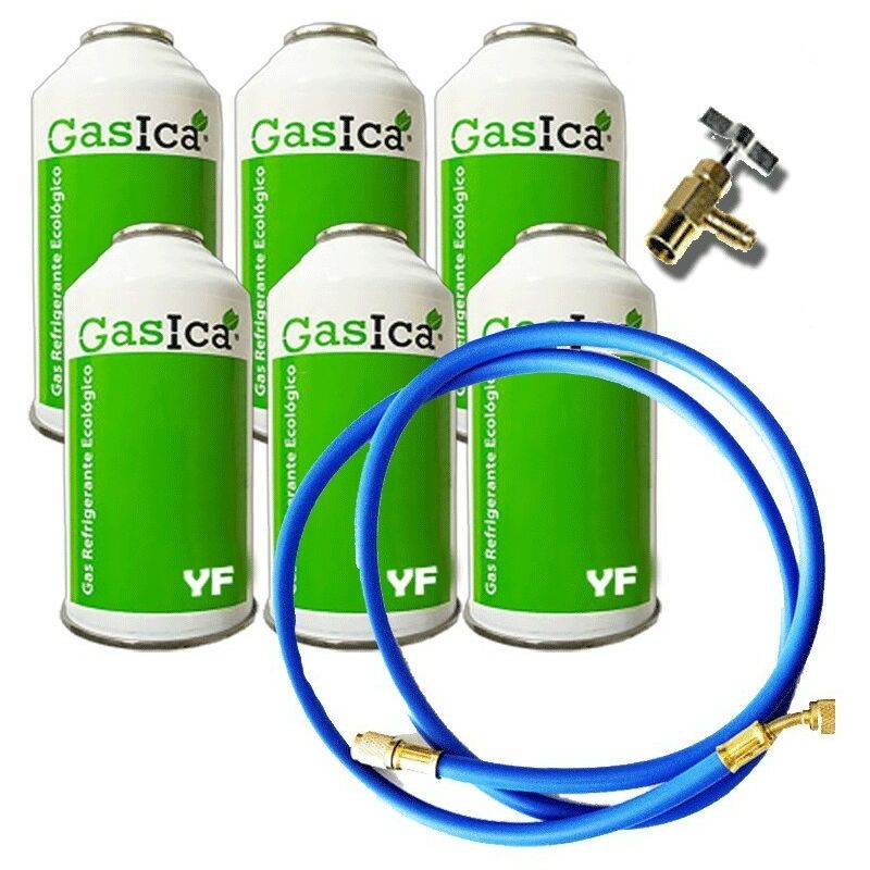 

Reporshop - 6 Botellas Gas Ecologico Gasica YF 171gr + Valvula + Manguera Sustituto R1234YF Freeze Organico