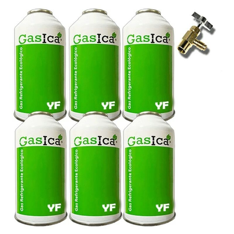 

6 Botellas Gas Ecologico Gasica YF 171gr + Valvula Sustituto R1234YF Freeze Organico