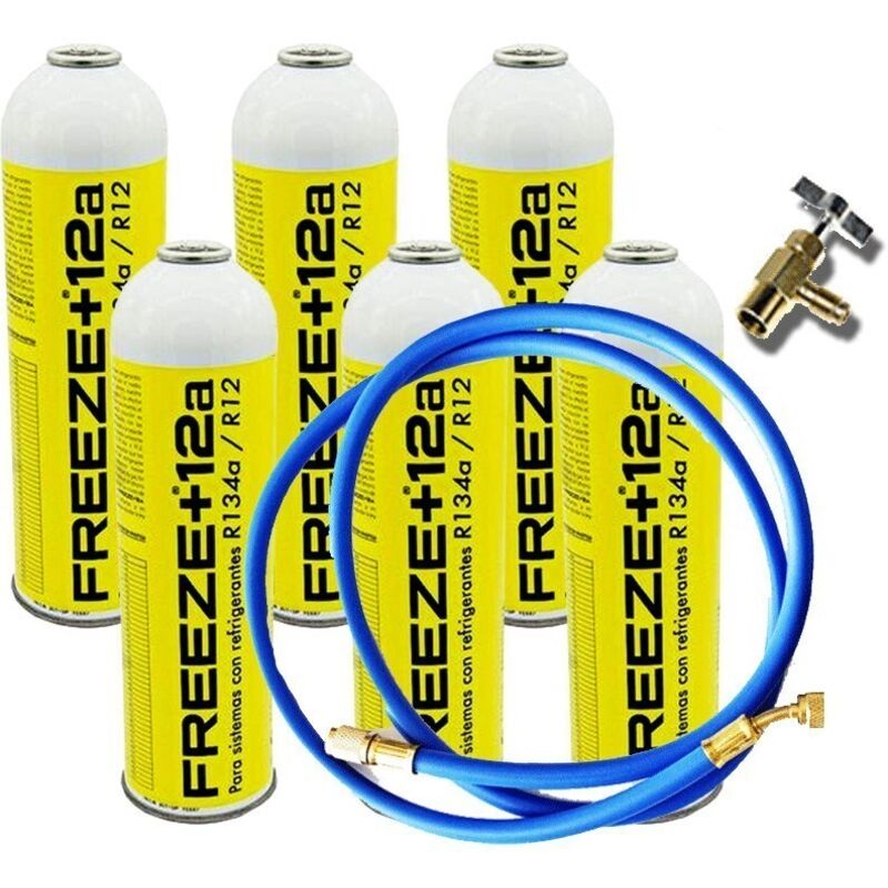 

Reporshop - 6 Botellas Gas Ecologico Refrigerante Freeze +12a 420Gr + Valvula + Manguera Organico Sustituto R12, R134A