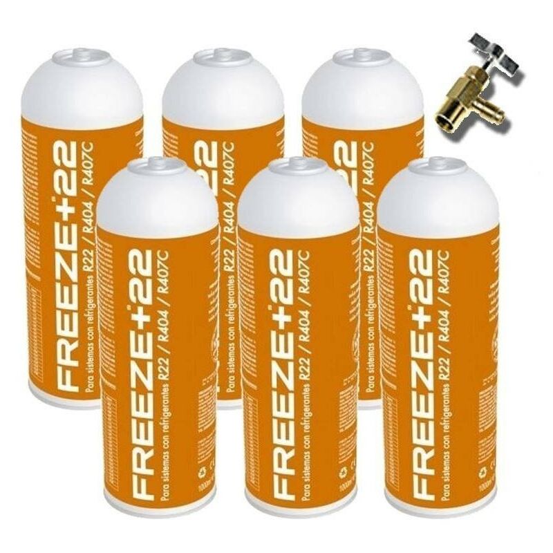 

Reporshop - 6 Botellas Gas Ecologico Refrigerante Freeze +22 400Gr + Valvula Organico Sustituto R22, R404, R407C