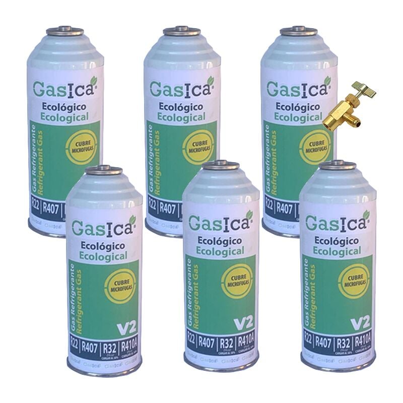 6 bouteilles de gaz écologique Gasica 226Gr + V2 Valve de remplacement R22, R32, R407C, R410A Gel organique