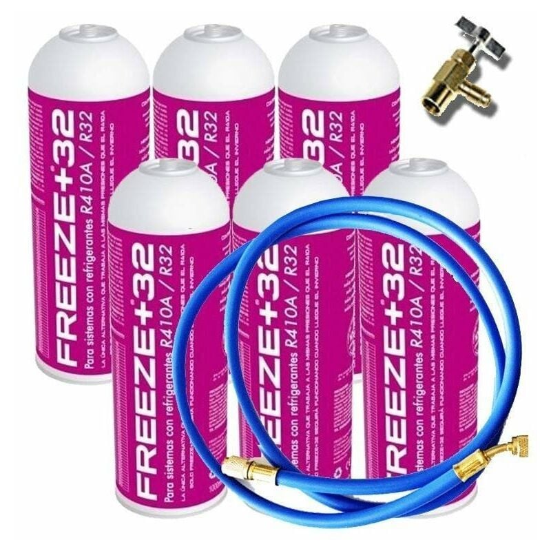 6 Bouteilles de réfrigérant à gaz écologique Freil Organic +32 350gr + Valve + tuyau de substitution R32, R410A