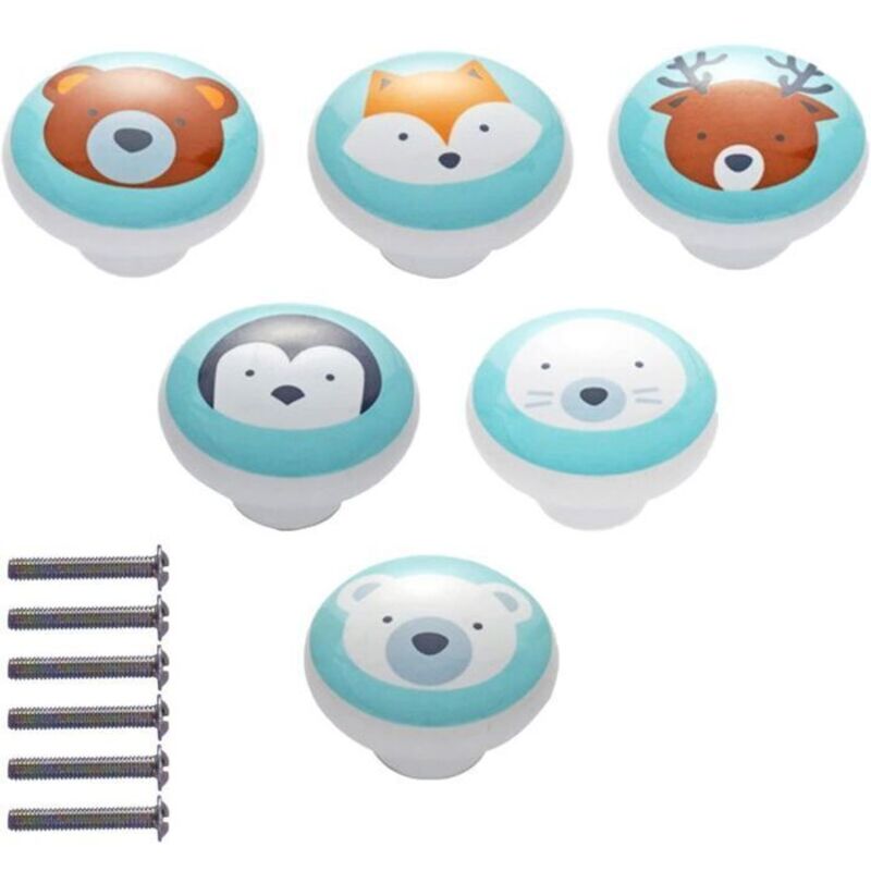 6 boutons d'armoire en céramique, boutons d'armoire en céramique avec vis, bouton de poignées de meubles à motif animal de dessin