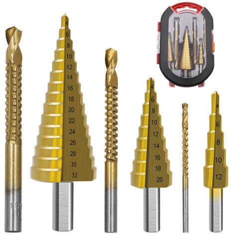 6 brocas escalonadas Pagoda/Sierra de corona/Macho espiral/Juego de brocas helicoidales 4241 HSS con vástago hexagonal, cabezal de broca de 4-12 / 4-20 / 4-32 mm, 3 / 6 / 8 mm