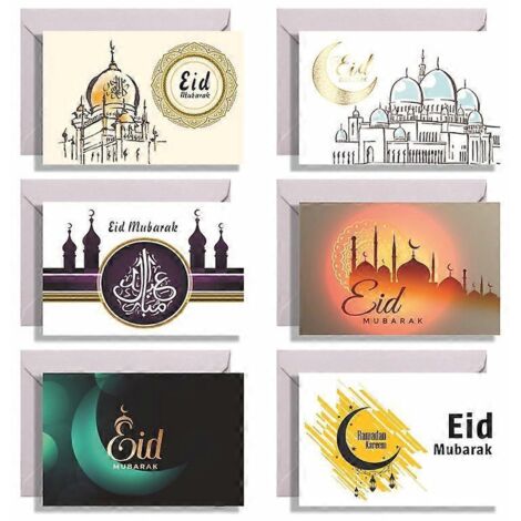 6 Cartes de Vœux Eid Mubarak avec Enveloppes et Autocollants, Motif Château, Cartes de Fête Traditionnelles Islamiques pour Ramadan, Invitations Musulmanes en Papier Plie-B