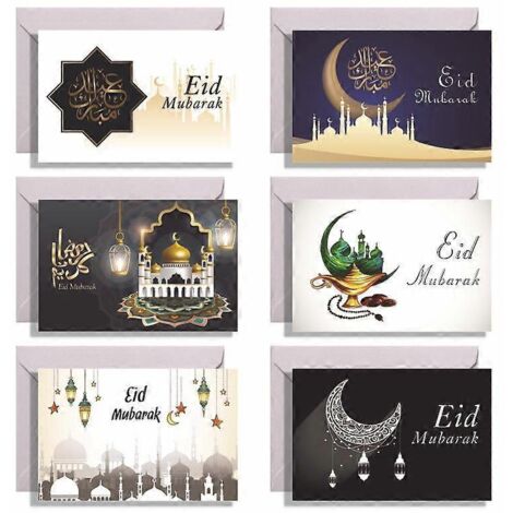 6 Cartes de vœux Eid Mubarak imprimées château, avec enveloppes et autocollants, cartes de fête islamiques musulmanes pliantes traditionnelles, invitation Ramadan, note, G.