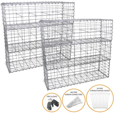 6 Cestas de Gaviones Metálicos 100x30x30cm para Paisajismo Decoración Jardín Exterior Gaviones Resistentes a la Intemperie y Corrosión con Par de Guantes Protectores 180 Conectores + 24 Ganchos GRATIS