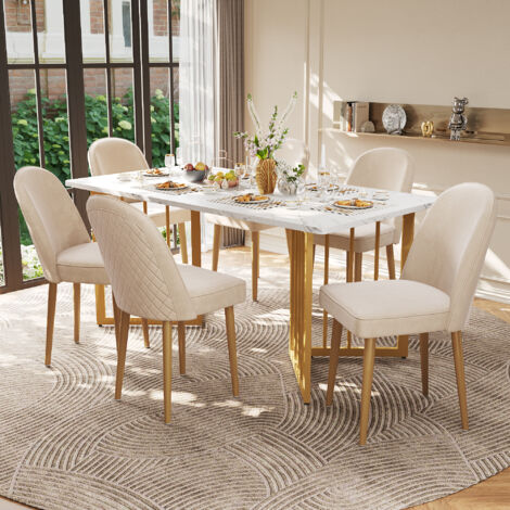 6 chaises de salle à manger, chaises de salle à manger modernes en velours beige, pieds en métal doré, tendance et confortables, adaptées à la salle à manger, au salon et au bureau