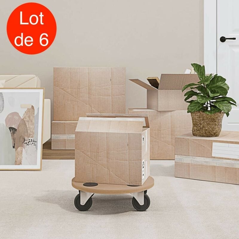 6 Chariots Manutention sur roulettes, Diamètre 38 cm Charge Bois clair De 250 kg Avec Roulettes - Marron Naturel