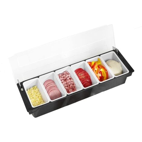 6 Compartment Trays Detachable Topping Station Plastic Pizza Ingredients Condiment Dispenser Reusable For Home or Restaurant Chilled Garnish Tray