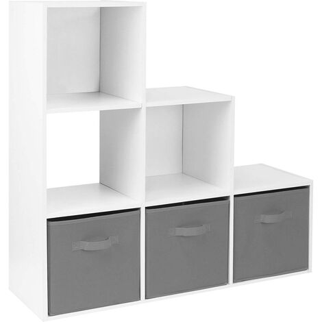 main image of "6 Cube bookcase ladder storage unit - white with grey boxes - white"