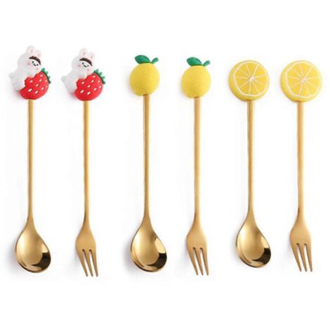 6 Cuillères à Café en Acier Inoxydable en Forme de Fruits avec Fourchettes pour Table Créative