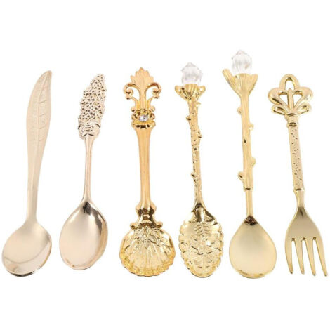 6 Cuillères à Dessert Vintage en Métal, Cuillères à Café Miniatures et Fourchettes pour Fruits, Lait, Thé - Set de Couverts pour Cuisine et Salle à Manger