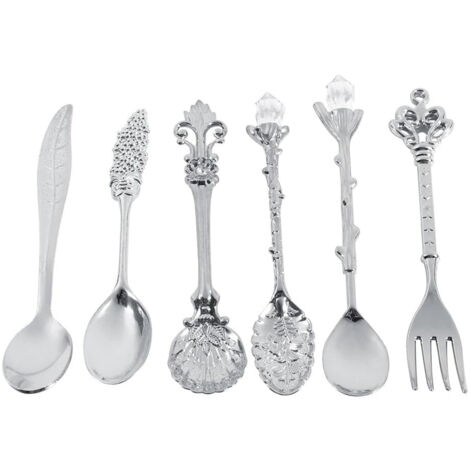 6 Cuillères à Dessert Vintage en Métal, Cuillères à Café Miniatures et Fourchettes, Set de Couverts pour Fruits, Lait et Dessert, Ustensiles de Cuisine et de Salle à Manger