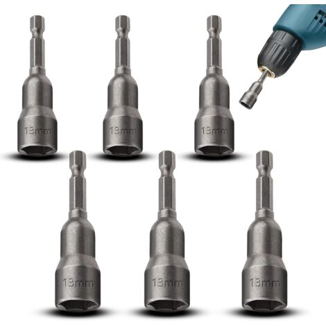 6 Douilles hexagonales 13 mm, Adaptateur 1/4", Acier CR-V, Magnétique, Pour visseuse