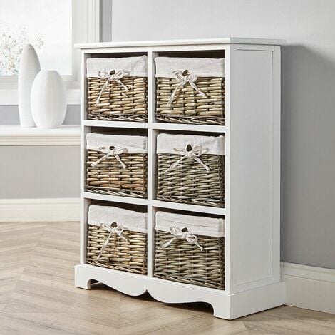 HOME SOURCE 6 Drawer Chest Willow Wicker Baskets Storage White Wooden Fully Assembled
