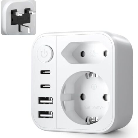 6 en 1 Adaptateur Prise Anglaise UK, Adaptateur Prise Anglaise, Prise Anglaise Adaptateur Francais avec 2 USB A, 2 Type C, 2 Prise, Type G pour UK/Irlande/Malaisie/Maldives