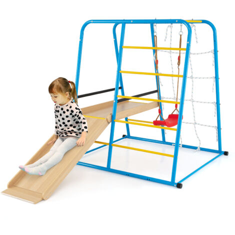 6 en 1 Aire de Jeux Escalade avec Toboggan & Balançoire Réglable, Structure Escalade en Métal avec Échelle & Barres de Singe, Charge 100kg pour 3 Ans+