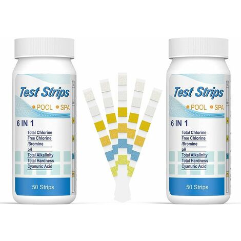 6 en 1 Bandelettes Piscine Brome Spa, Languettes Ph Piscine Bandes Test Qualité d'eau sur Chlore Brome Alcalinité Acide Cyanurique Dureté du Liquide Testeur Générale (100pcs)