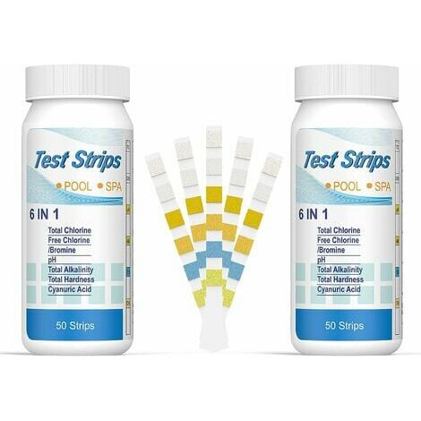 6 en 1 Bandelettes Piscine Brome Spa, Languettes Ph Piscine Bandes Test Qualité d'eau sur Chlore Brome Alcalinité Acide Cyanurique Dureté du Liquide Testeur Générale (100pcs)
