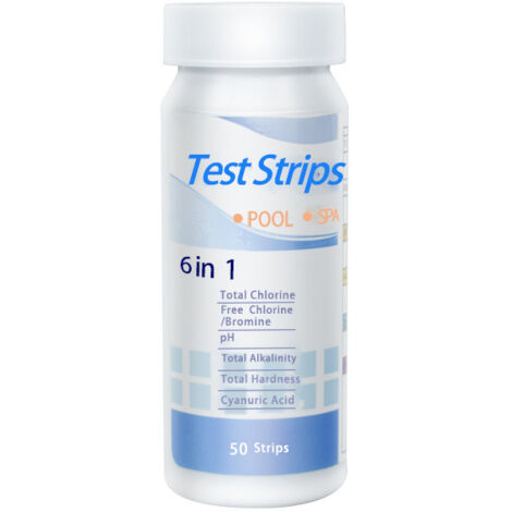 6 en 1 Bandelettes Piscine Brome Spa, Languettes Ph Piscine Bandes Test Qualité d'eau sur Chlore Brome Alcalinité Acide Cyanurique Dureté du Liquide Testeur Générale (100pcs)