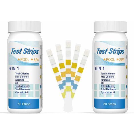 6 en 1 Bandelettes Piscine Brome Spa, Languettes Ph Piscine Bandes Test Qualité d'eau sur Chlore Brome Alcalinité Acide Cyanurique Dureté du Liquide Testeur Générale (100pcs)——Oi-FRIS, Oi-FRIS