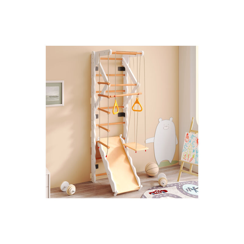 6 - en - 1 Multi - fonction cadre d'escalade, poteau mural. Contreplaqué, bois massif, hêtre. 50kg. Toboggan, balançoire, échelle d'escalade, cadre