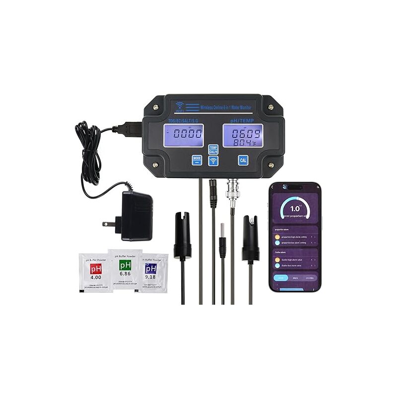 6 en 1 Multi-paramètres Testeur de pH: pH/EC/TDS/Sel/SG/Température avec Wi-Fi Sans fil Surveillance via Mobile APP Facile 3 Points Étalonnage pour