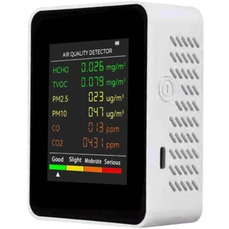 6 en 1 PM2,5 PM10 HCHO TVOC CO CO2 Détecteur multifonctionnel de qualité de l'air CO Dioxyde de carbone Formaldéhyde Moniteur LCD Grand écran d'affichage Portable Bureau à domicile Hôtel Bureau Testeu