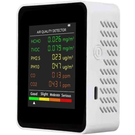 6 en 1 PM2,5 PM10 HCHO TVOC CO CO2 Dtecteur multifonctionnel de qualit de l\'air CO Dioxyde de carbone Formaldhyde Moniteur LCD Grand cran d\'affichage Portable Bureau domicile Htel Bureau Testeu