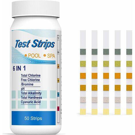 6 en 1 pour Piscine,Lot de 50 Kit D'analyse de l'eau,Bandelettes de Test pour Piscine,pour Test de Qualité d'eau sur Chlore, Brome, Nitrite, Nitrate, Dureté, Alcalinité Totale, PH