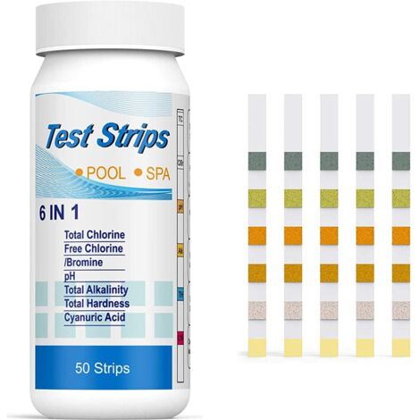 6 en 1 pour Piscine,Lot de 50 Kit D'analyse de l'eau,Bandelettes de Test pour Piscine,pour Test de Qualité d'eau sur Chlore, Brome, Nitrite, Nitrate, Dureté, Alcalinité Totale, PH-Fei Yu