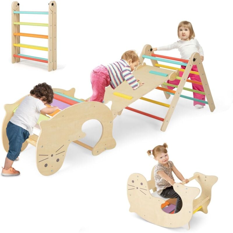 6 en 1 Toboggan Goplus Triangle d'escalade Montesorri Bois avec Échelle Triangle, Bascule Lion de Mer, 3-14 Ans & 60KG, Coloré