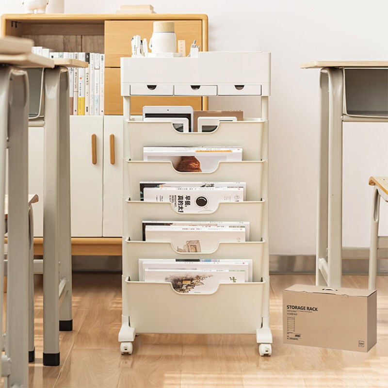 5 Niveaux Bibliothèque mobile avec roue, grande capacité, porte-revues, chariot de rangement amovible, étagère pour enfants, chariot roulant