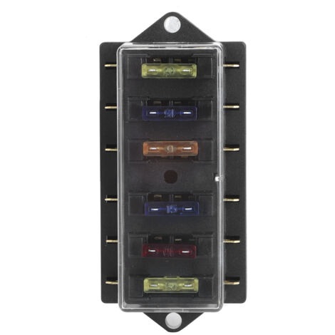 6-fach Flachsicherungskasten 12-36V 6 Eingänge 6 Ausgänge mit 6 Sicherungen, Universalzubehör für Pkw und Lkw, Transparentes ABS, Metallfarbe 90x53x42mm.