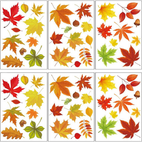 6 Feuilles d'Automne Autocollants Fenêtre - Décorations Adhésives Double Face avec Érables et Pommes de Pin pour Thanksgiving, Bureau, École