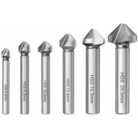 6 fraises à chanfreiner HSS 6542 à 90°, forets hélicoïdaux, outil d'ébavurage cylindrique pour bois, métal, PVC, machines-outils, diamètres : 6,3/8,3/10,4/12,4/16,5/20,5 mm