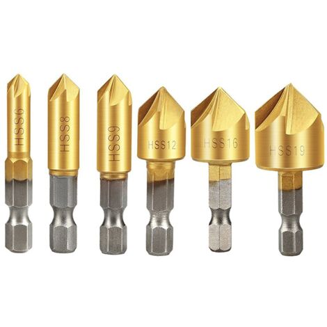 6 fresas para carpintería, avellanador HSS de 90°, fresa de biselado de carburo, 6 mm, 8 mm, 9 mm, 12 mm, 16 mm, 19 mm