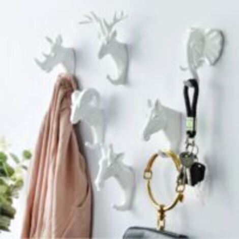 6 ganchos decorativos de resina estilo retro con forma de animales (ciervo, elefante, cabra) para entrada, dormitorio, baño, color blanco - OTROS