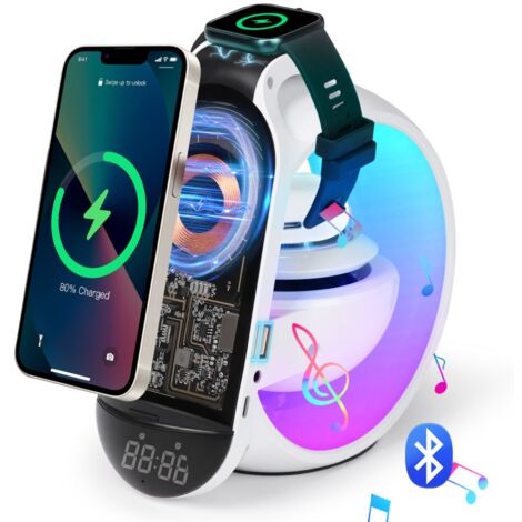 6 in 1 Bluetooth-Speaker, RGB-Farbwechselndes Umgebungslicht Wecker, LED-Tischlampe mit kabellosem Ladegerät