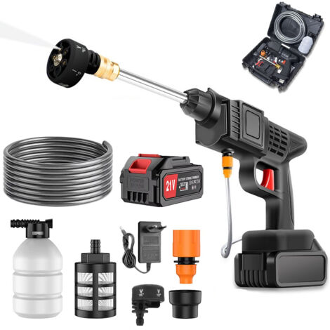 6-in-1-Elektro-Hochdruckreiniger mit 21-V-Akku, wiederaufladbarer Spritzpistole, 5-m-Schlauch und Aufbewahrungskoffer