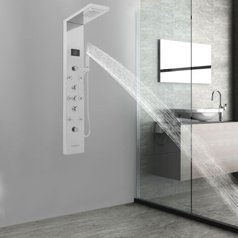 6-in-1-LED-Duschpaneel, Duschpaneele, Duschsystem aus Edelstahl 304 mit LCD-Temperaturanzeige, Wasserfall- und Regendusche, Handbrause, Wannenauslauf, silber