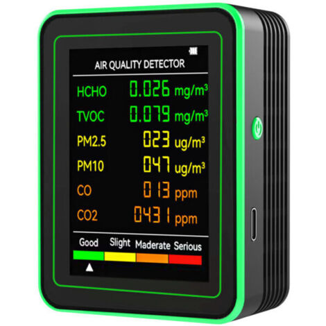 6-in-1-Luftqualitätsmonitor, multifunktionaler Kohlendioxiddetektor, Wandmontiertes Luftqualitätsmessgerät für PM2,5, PM10, CO, CO2, HCHO, TVOC