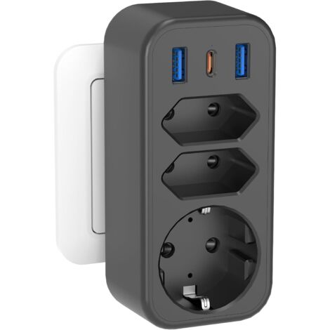 6 in 1 Mehrfachstecker Steckdosenadapter mit 1 PD20W USB C, 4000W/16A 3 Fach Mehrfachsteckdose mit 3 USB Steckdose Steckdosenleiste,  Verteilersteckdose USB C Steckdosen Ohne Kabel, Schwarz