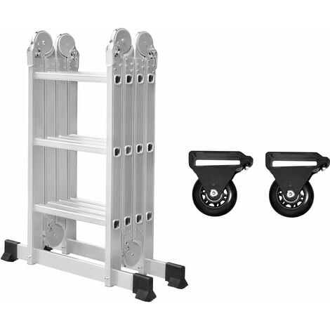 6 in 1 Mehrzweckleiter Aluminum Gelenkleiter Leiter Klappleiter Kombileiter Silber Multifunktionsleiter Vielzweckleiter mit 2 Rollen und Plattform, bis 150KG - 4x3 Stufen, 3,4 m YARDIN