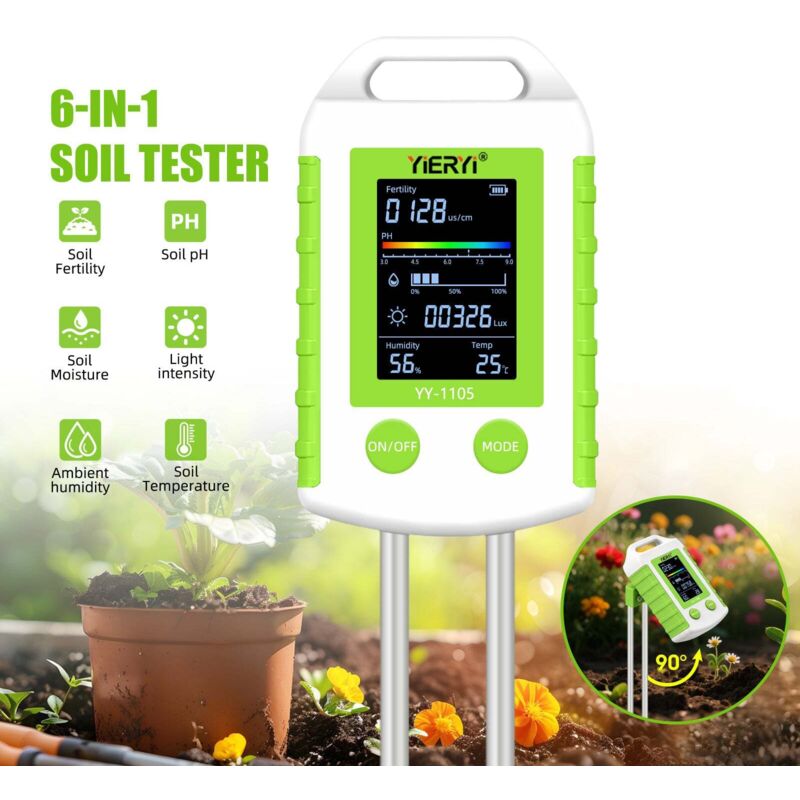 6-in-1 Multifunction Soil Tester for Gardeners & Farmers – Measures pH, Moisture, Temperature, Light, Soil Fertility with Dual Probes & LCD Screen