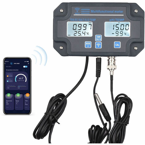 6-in-1 multifunktionaler wifi Wasseranalysator PH/EC/TDS/SALT/SG/Temperatur APP-Steuerung Alarmtaste, grau 230V