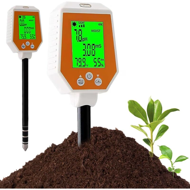 6-in-1 Soil Tester – Measures Moisture, pH, EC, Light, Air Humidity & Temperature for Gardening & Agriculture